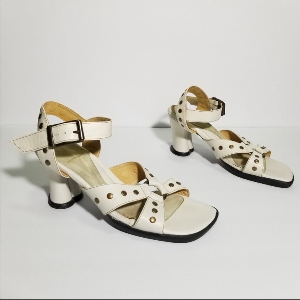 John fluevog white leather studded heart heel sandal